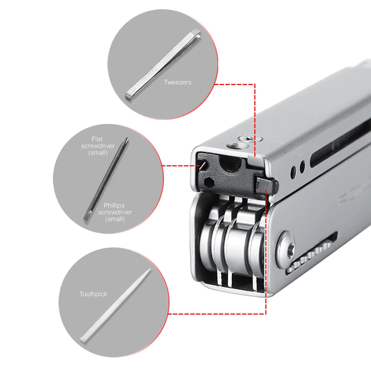 Roxon M3 Mini Multitool met bitset – zilver